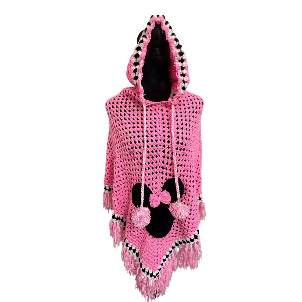 Handmade Minnie Mouse Crochet Hooded Poncho Pink Fringe Pom Pom Disney Style